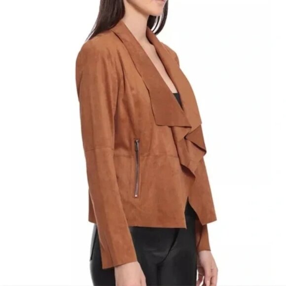 89$ Bagatelle Faux-Suede Drape Open Front Jacket Long Sleeves Size L Med Brown - Picture 2 of 2